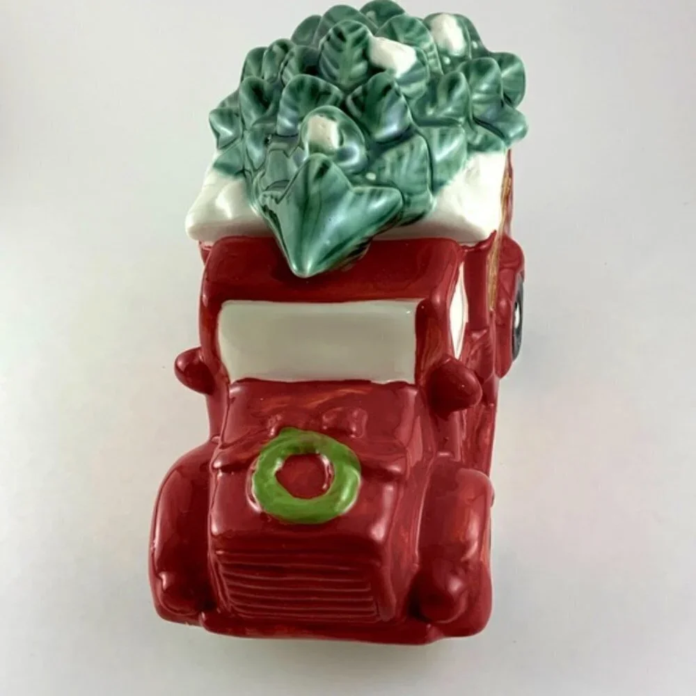 Christmas Canister Farm Vintage Truck Cookie Treat Jar Hand Painted Ceramic